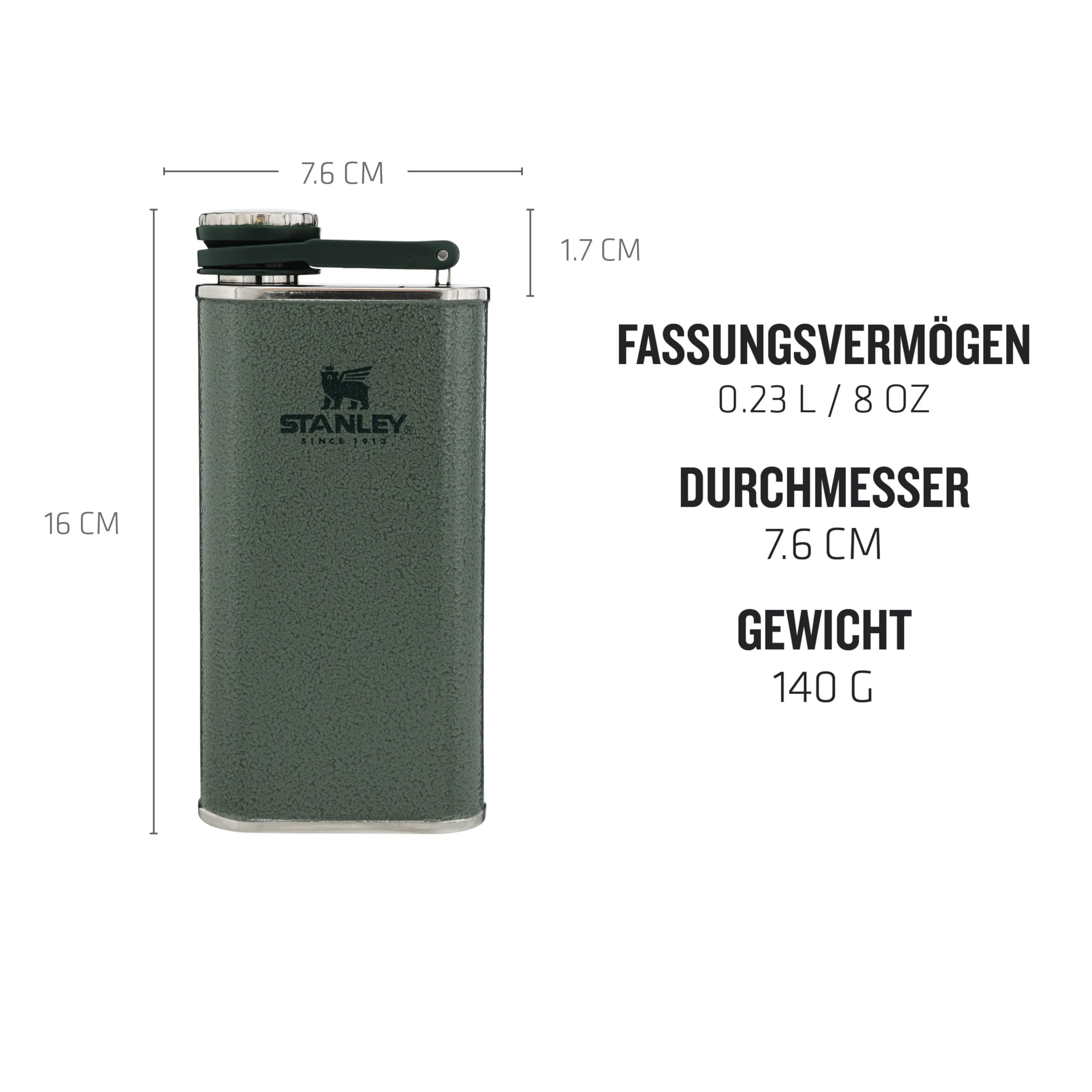 stanley-1913-classic-wide-mouth-flask-236ml-mit-never-lose-kappe-hammertone-gree image 2